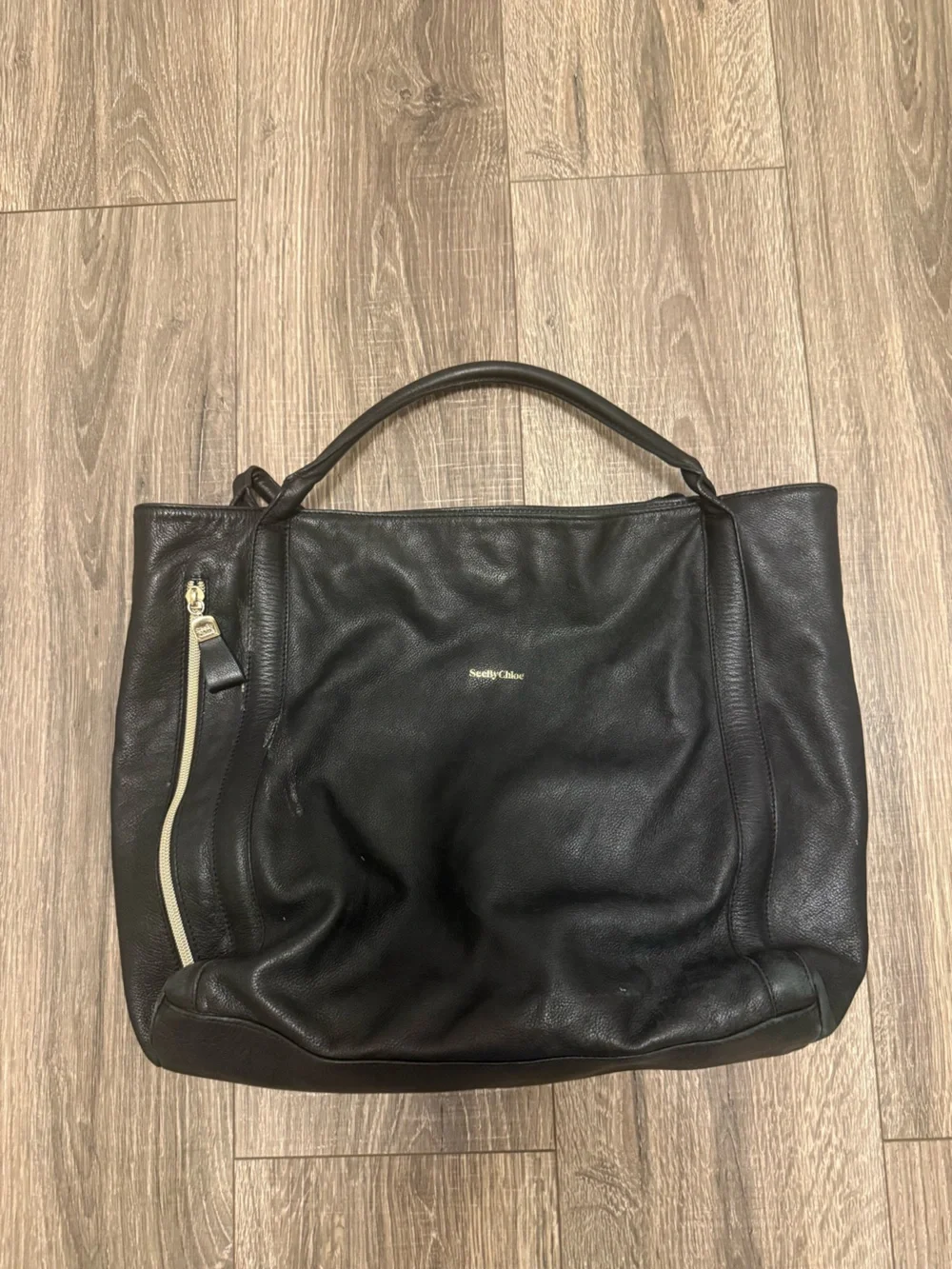 See By Chloé Black Solid Tote Bag Zip Closure Top Handle Gold Hardware